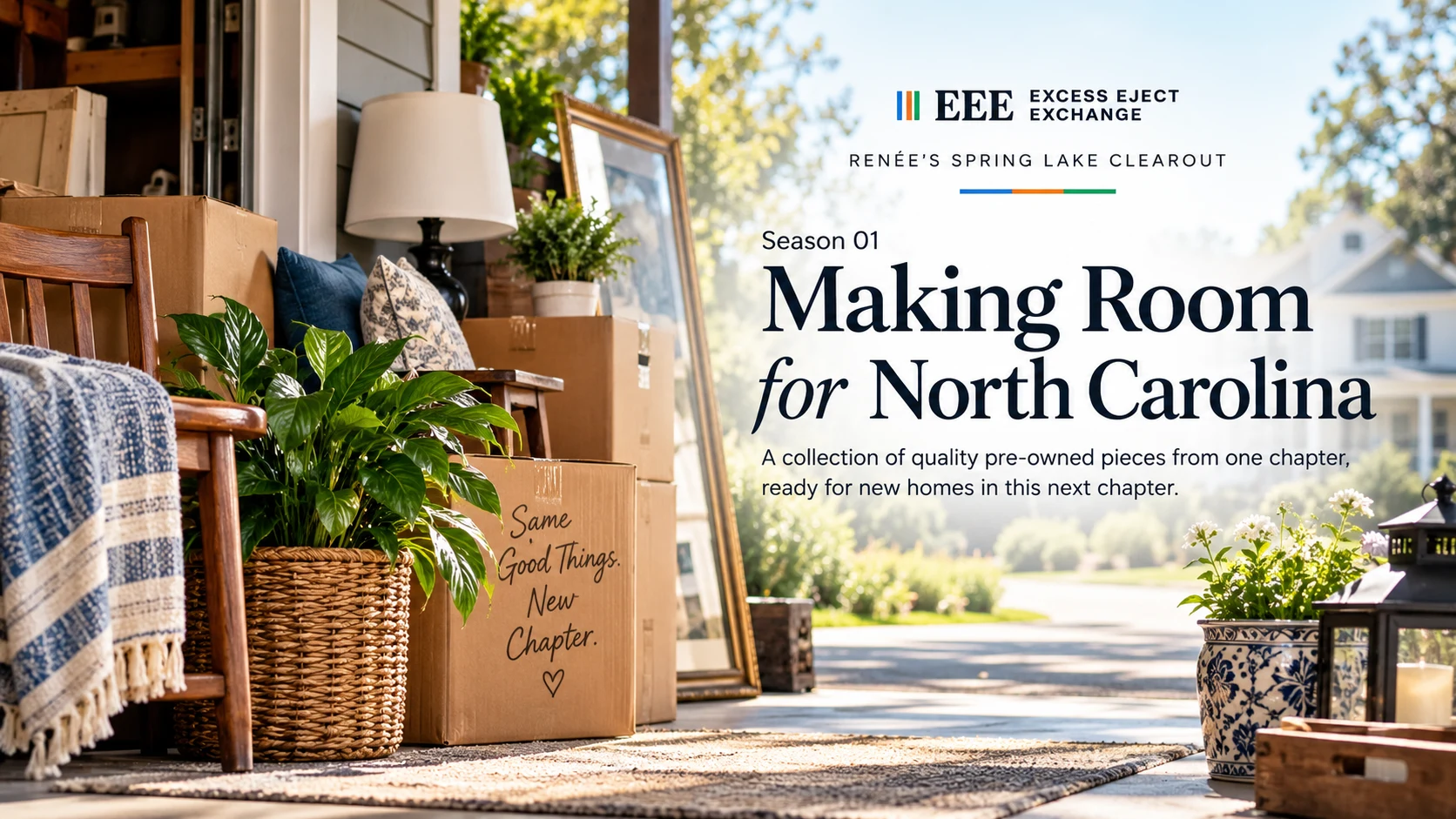 Moving boxes, furniture, plants and home décor arranged on a sunlit porch beside the title “Making Room for North Carolina.”